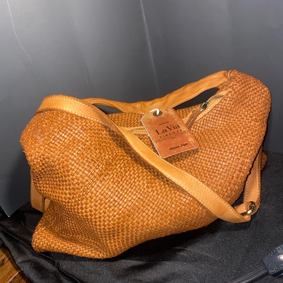 Tan Shoulder Bag with Woven Leather and Slouchy Hobo Shape - Picture 1 of 15